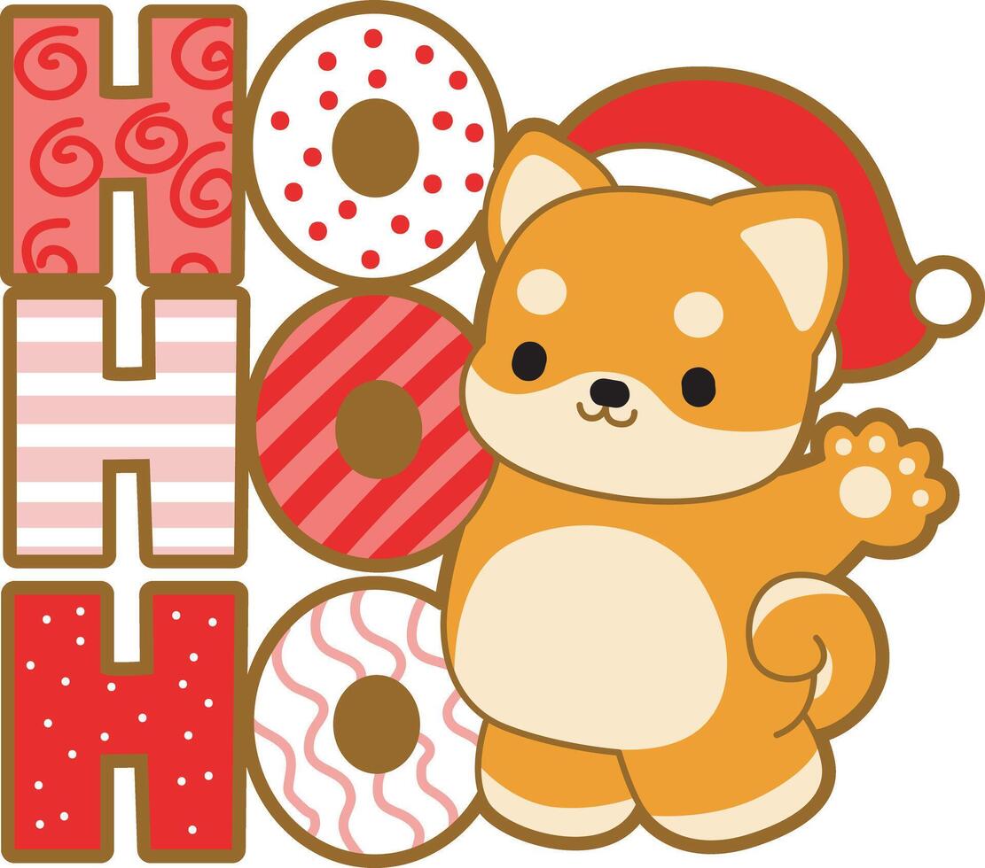 Shiba Inu with 'Ho Ho Ho' text. Cute puppy kawaii christmas dog lovely animal icon. Fluffy Shiba Inu christmas stickers. Santa doggy vector