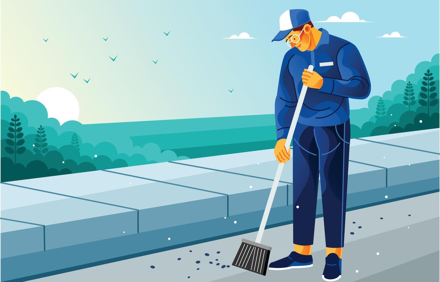 Street Sweeper Holding Broom vector