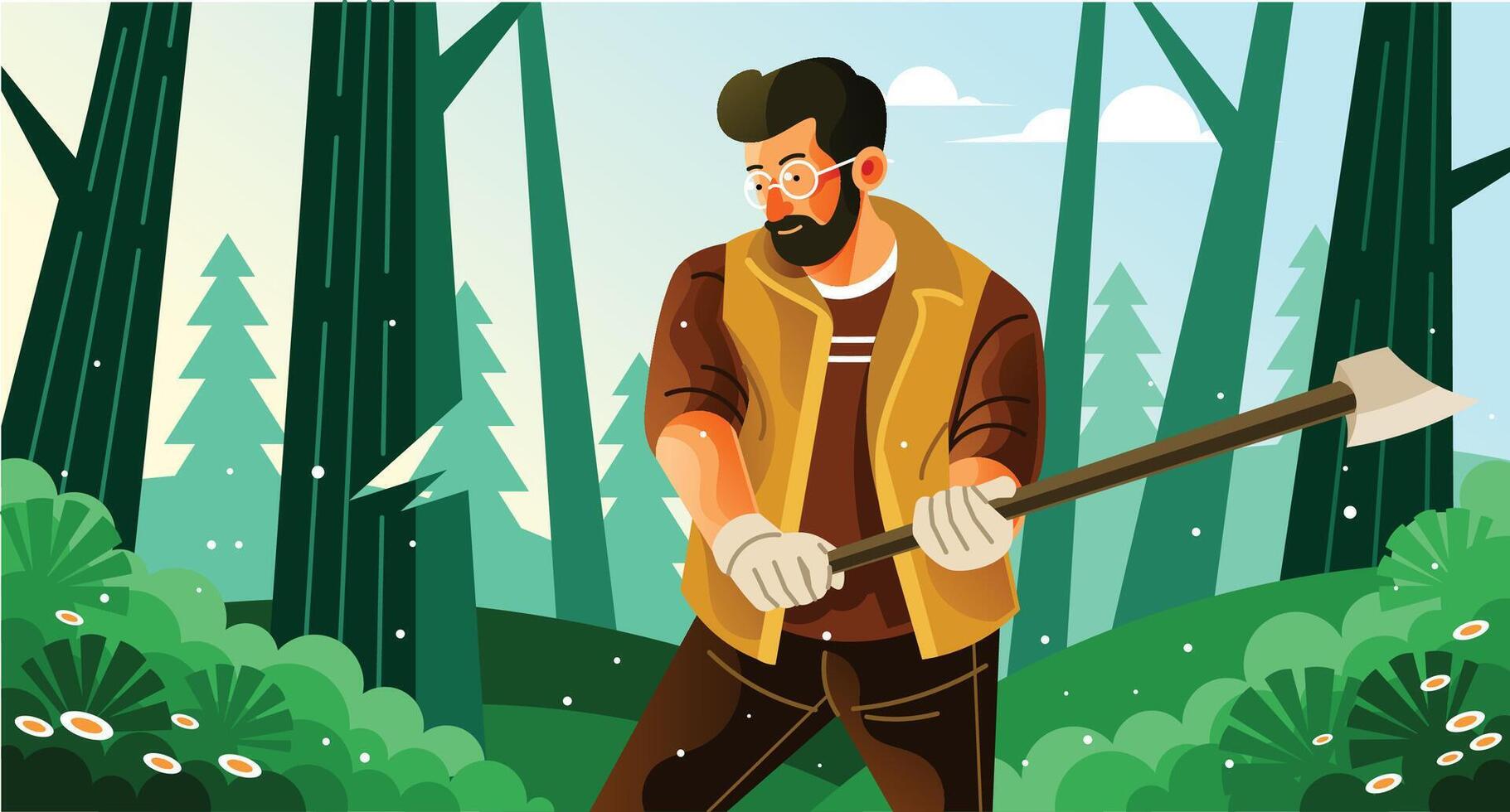 Lumberjack Cuts Down Trees in the Forest vector