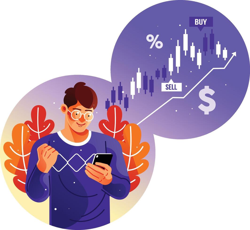 Investor using Stock Trading App on Smartphone vector