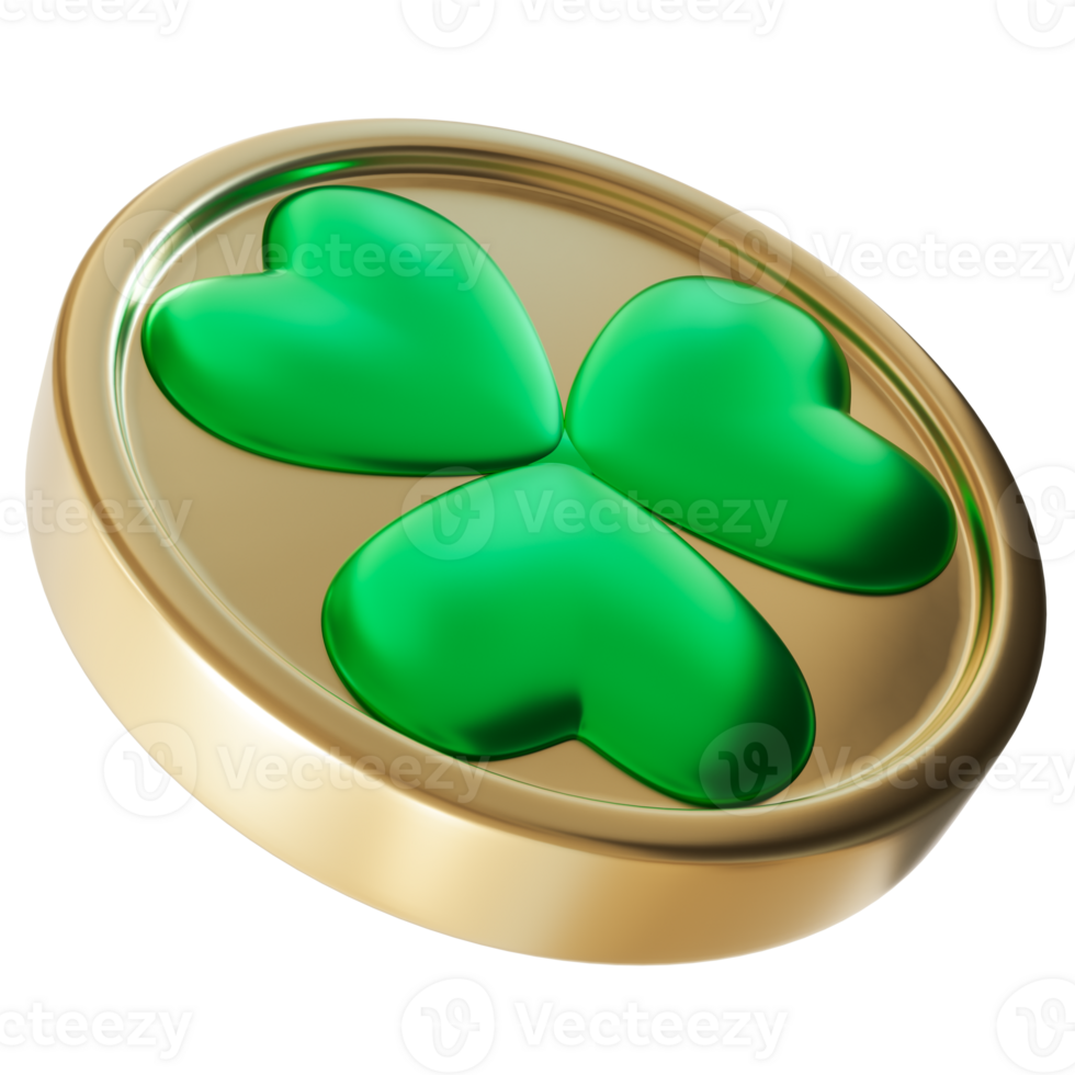 Golden coin featuring shamrock, symbolizing St. Patrick's Day and theme of luck. Smooth, glossy green clover design in center, celebrating Irish heritage and the festive spirit of the holiday png