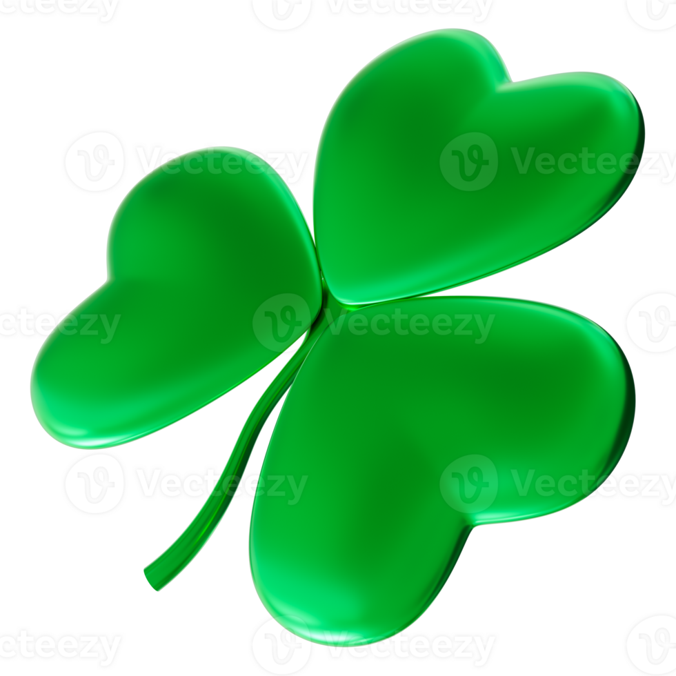 Vibrant, green three leaf clover, on transparent background. Luck and spirit of St. Patrick's Day, perfect for festive designs and celebration themes. Cut out shamrock. 3D render. png