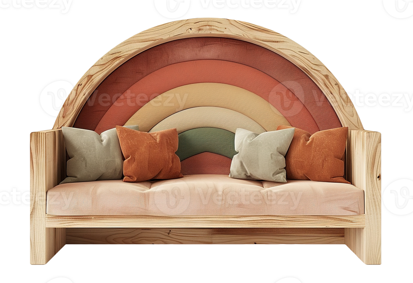 Stylish wooden kids sofa with rainbow arch backrest in earthy tones, on transparent background. Bohemian, boho style. Children room furniture. Cut out couch. Front view. png