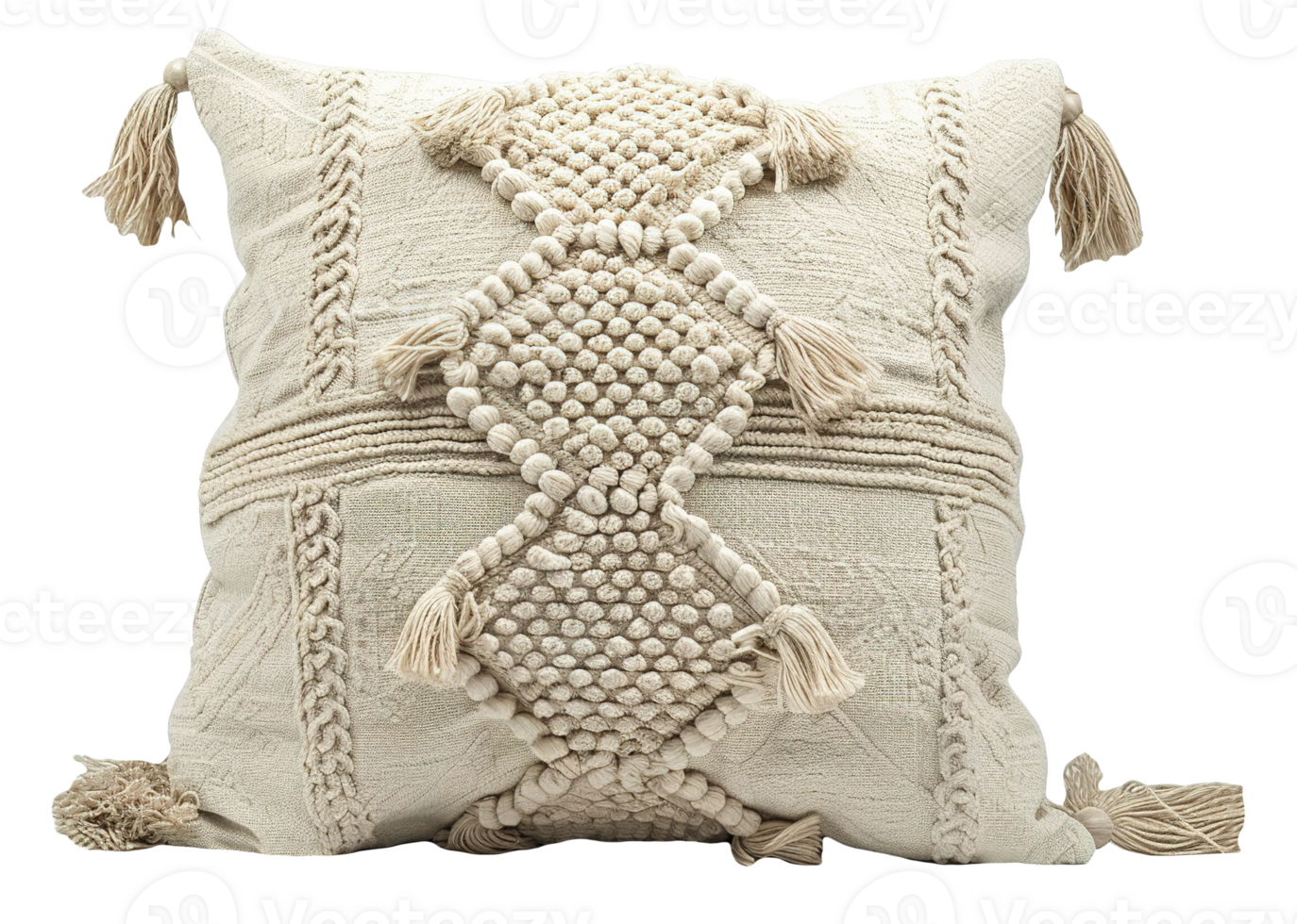 Beige bohemian decorative throw pillow with intricate macrame patterns, on transparent background. Detailed texture and neutral color. Front view. png