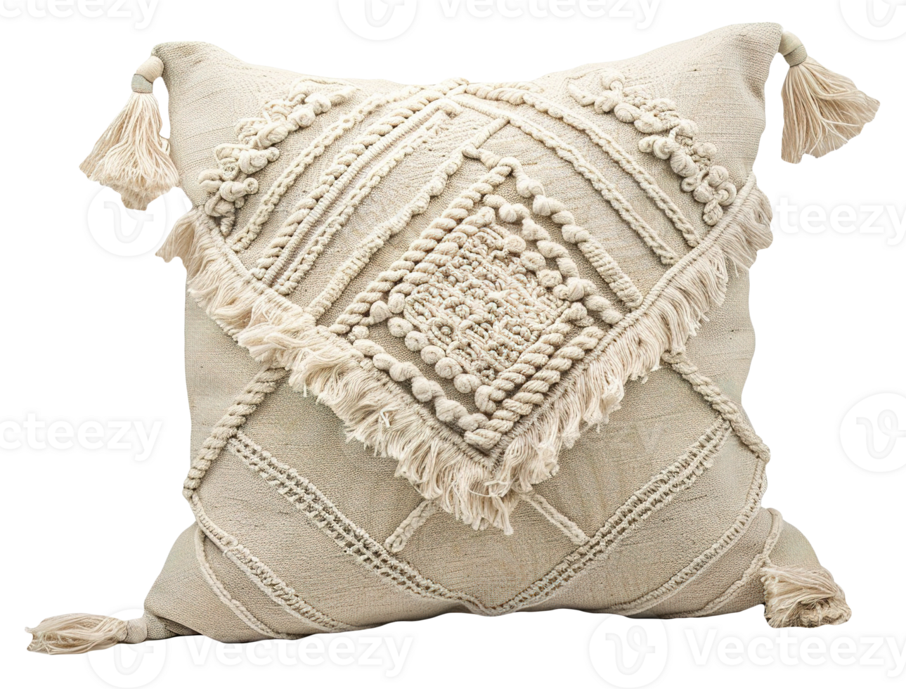 Beige bohemian decorative throw pillow with intricate macrame patterns, on transparent background. Detailed texture and neutral color. Cut out home decor, textile. Front view. png