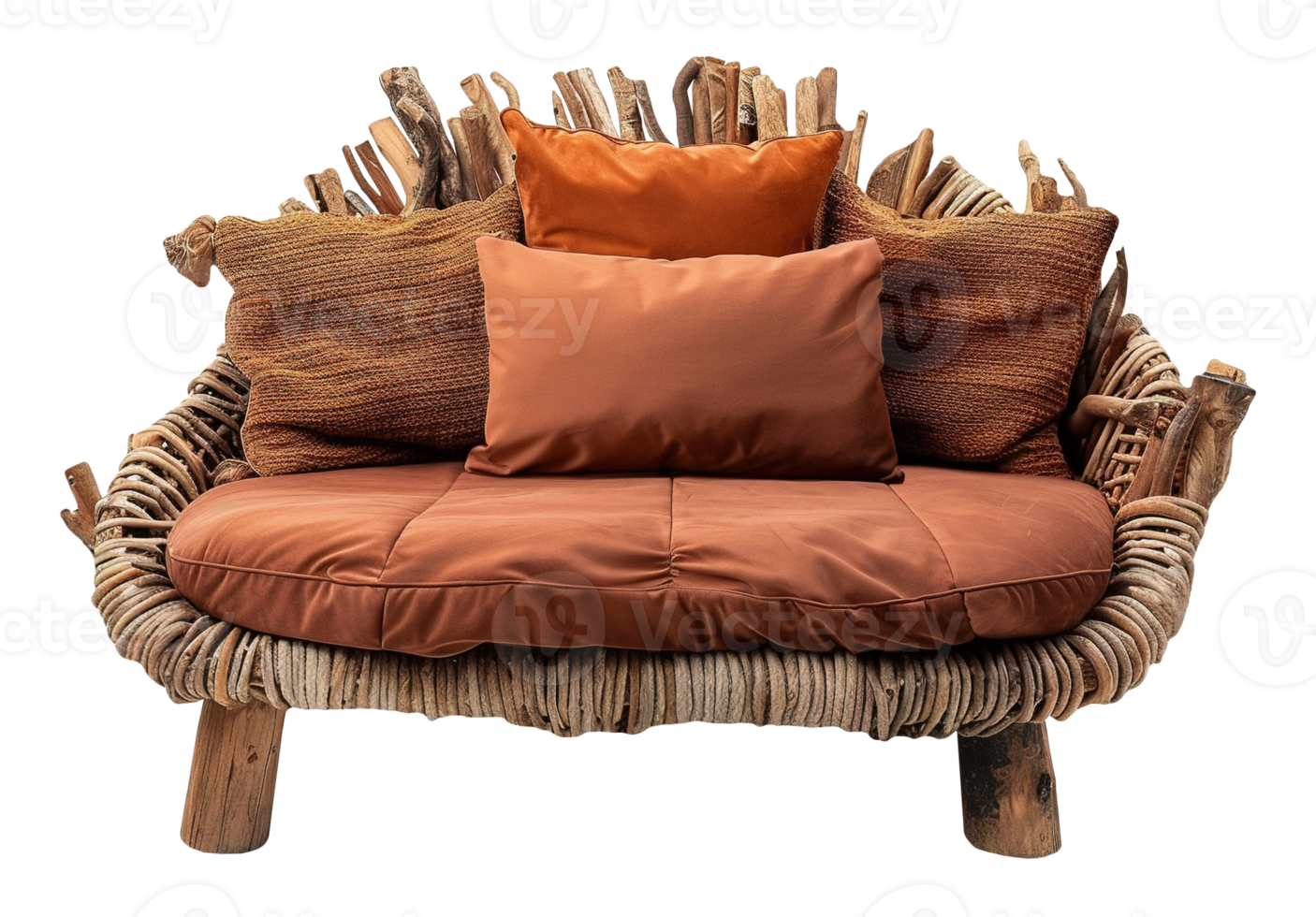 Cozy, handcrafted rustic sofa made from intertwined natural wood and woven materials, featuring earthy-toned cushions in shades of brown and orange. Unique furniture piece, front view. png