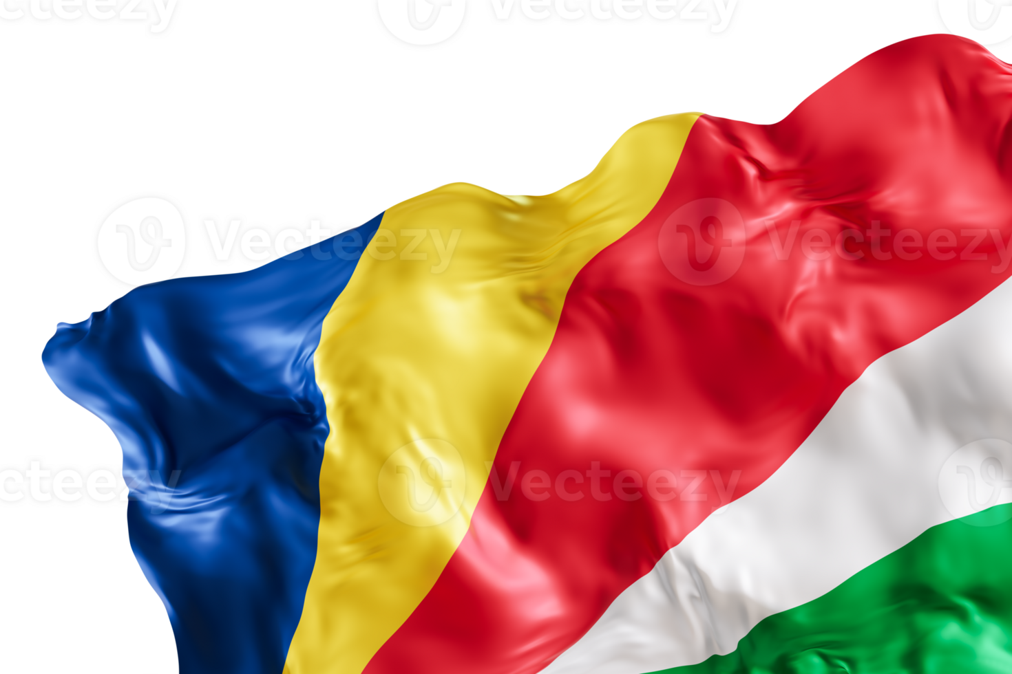 Realistic flag of Seychelles with folds, on transparent background. Footer, corner design element. Cut out. Perfect for patriotic themes or national event promotions. 3D render. png