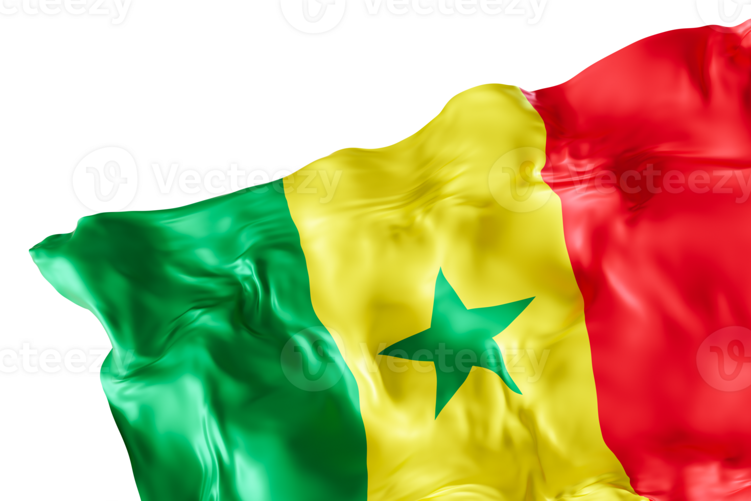 Realistic flag of Senegal with folds, on transparent background. Footer, corner design element. Cut out. Perfect for patriotic themes or national event promotions. 3D render. png