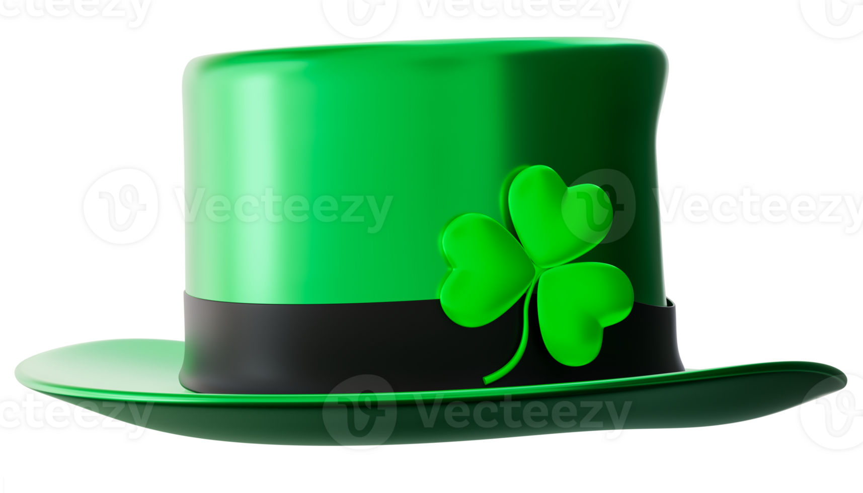 Green St. Patrick's Day hat, adorned with black band and green shamrock. On transparent background. Glossy, festive hat is a symbol of Irish heritage. Cut out design element. 3D render. png