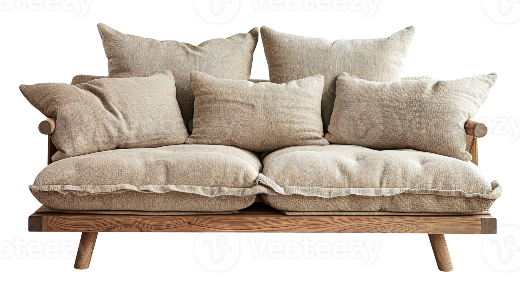 Cozy beige fabric sofa with wooden frame featuring multiple soft, oversized cushions for ultimate comfort. Natural wood accents, neutral color. On transparent background. Front view. png