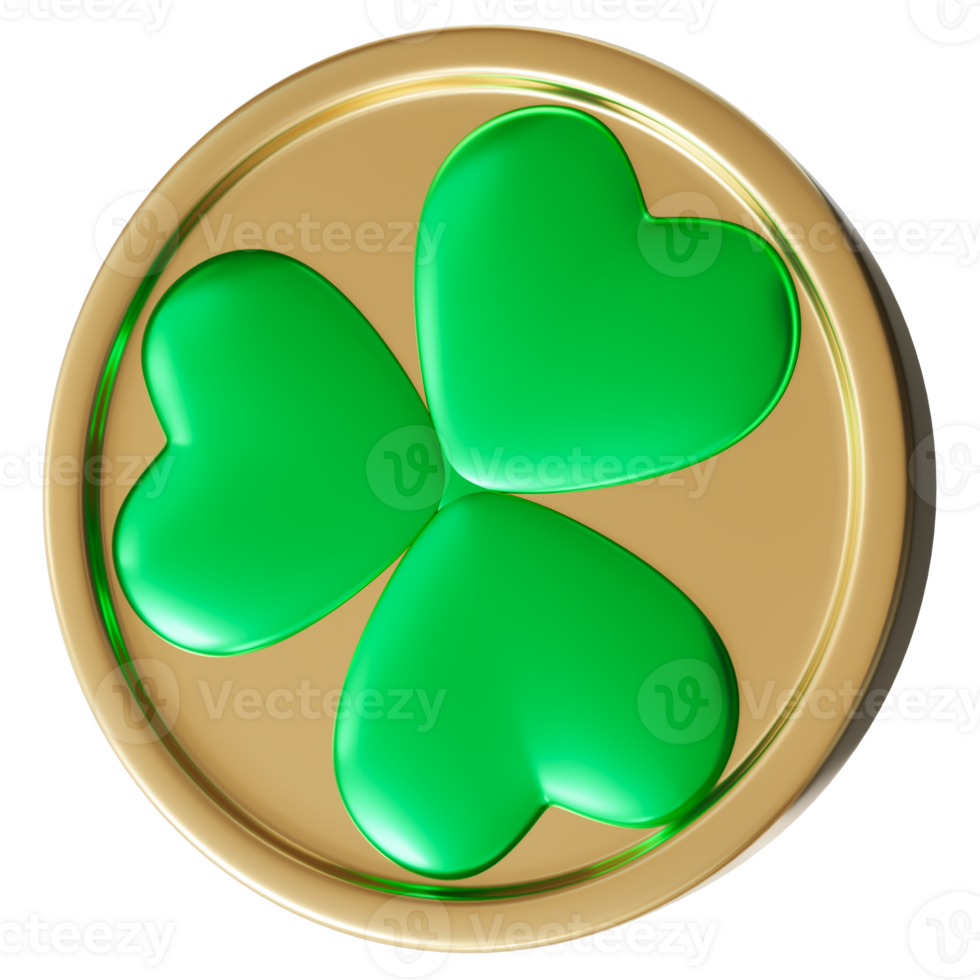 Golden coin featuring shamrock, symbolizing St. Patrick's Day and theme of luck. Smooth, glossy green clover design in center, celebrating Irish heritage and the festive spirit of the holiday. 3D. png