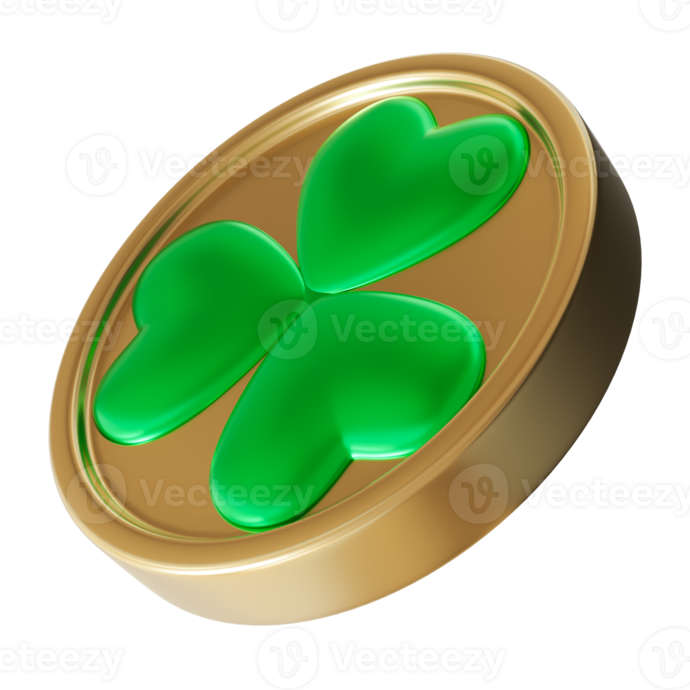 Coin featuring shamrock, symbolizing St. Patrick's Day and theme of luck. Smooth, glossy green clover design in center, celebrating Irish heritage and the festive spirit of the holiday. 3D. png