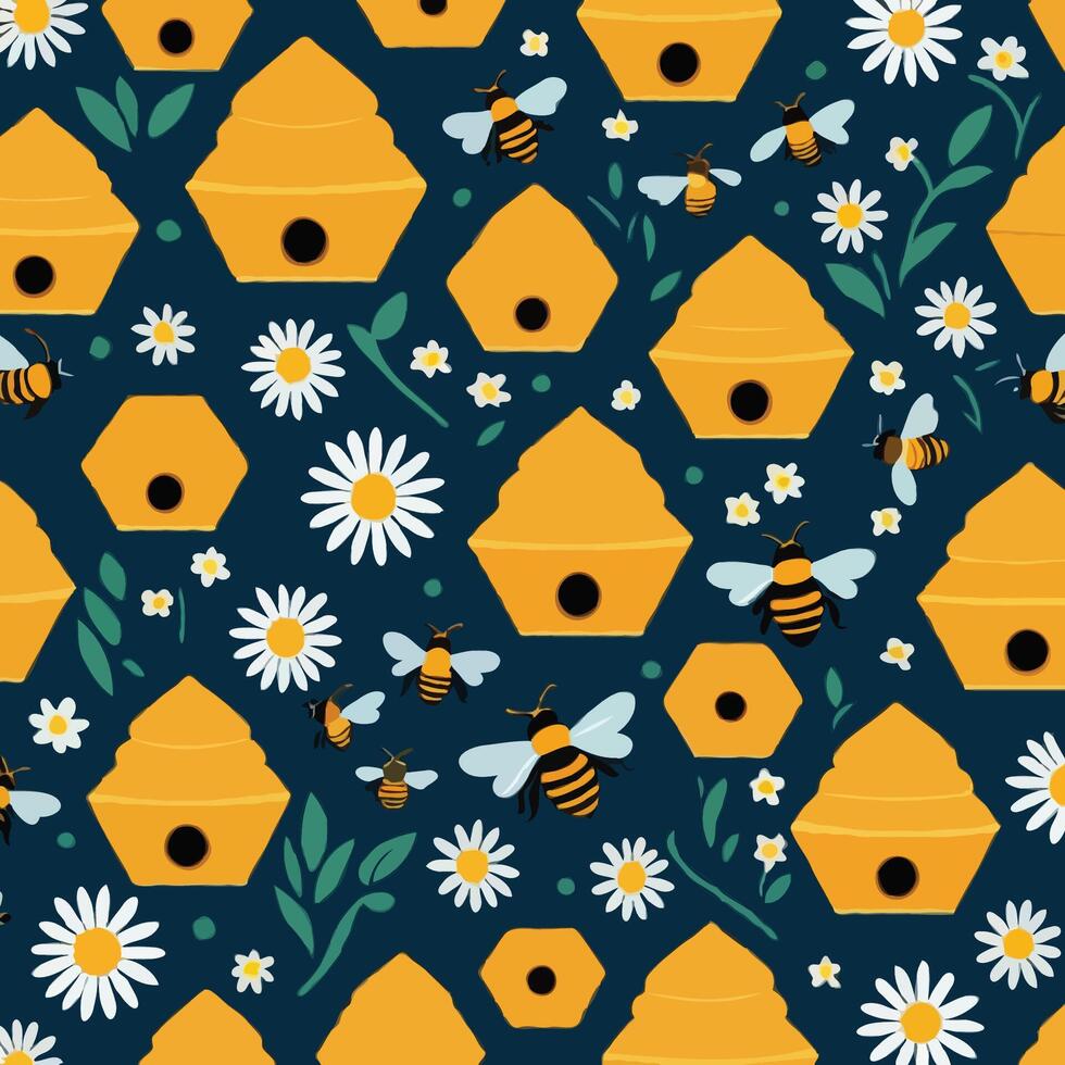 bees and flowers in a bee hive pattern vector