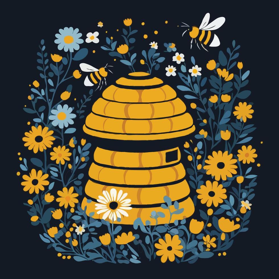bee hive in the wild flowers vector