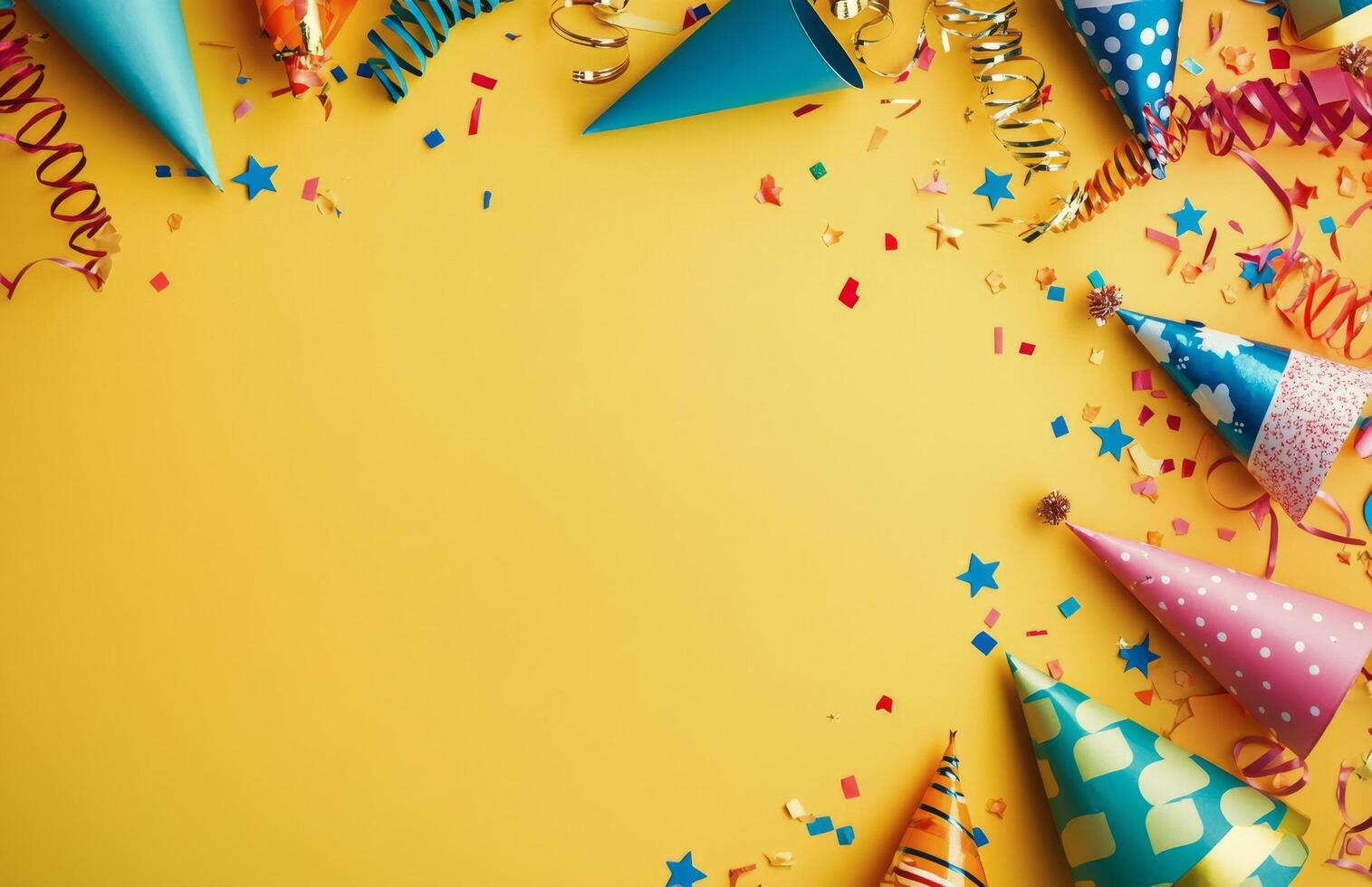 Colorful party hats and festive decorations on a bright yellow background for celebration time photo