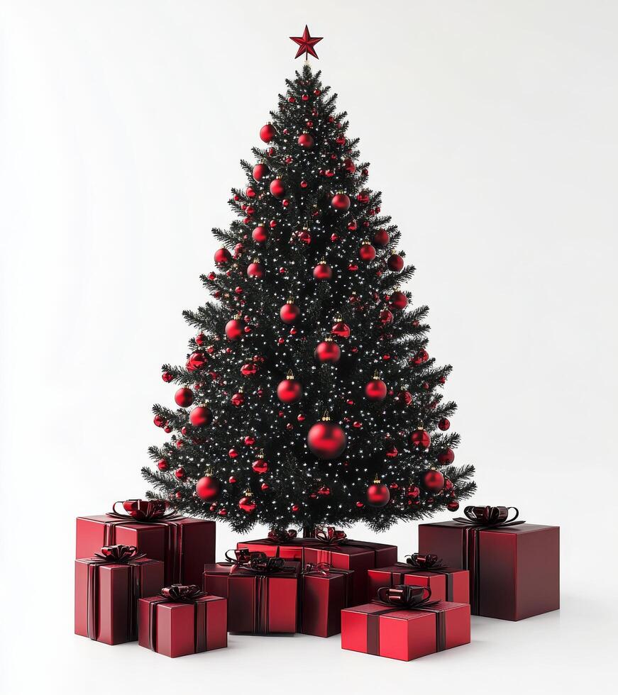 A beautifully decorated Christmas tree with red ornaments and wrapped gifts beneath it photo