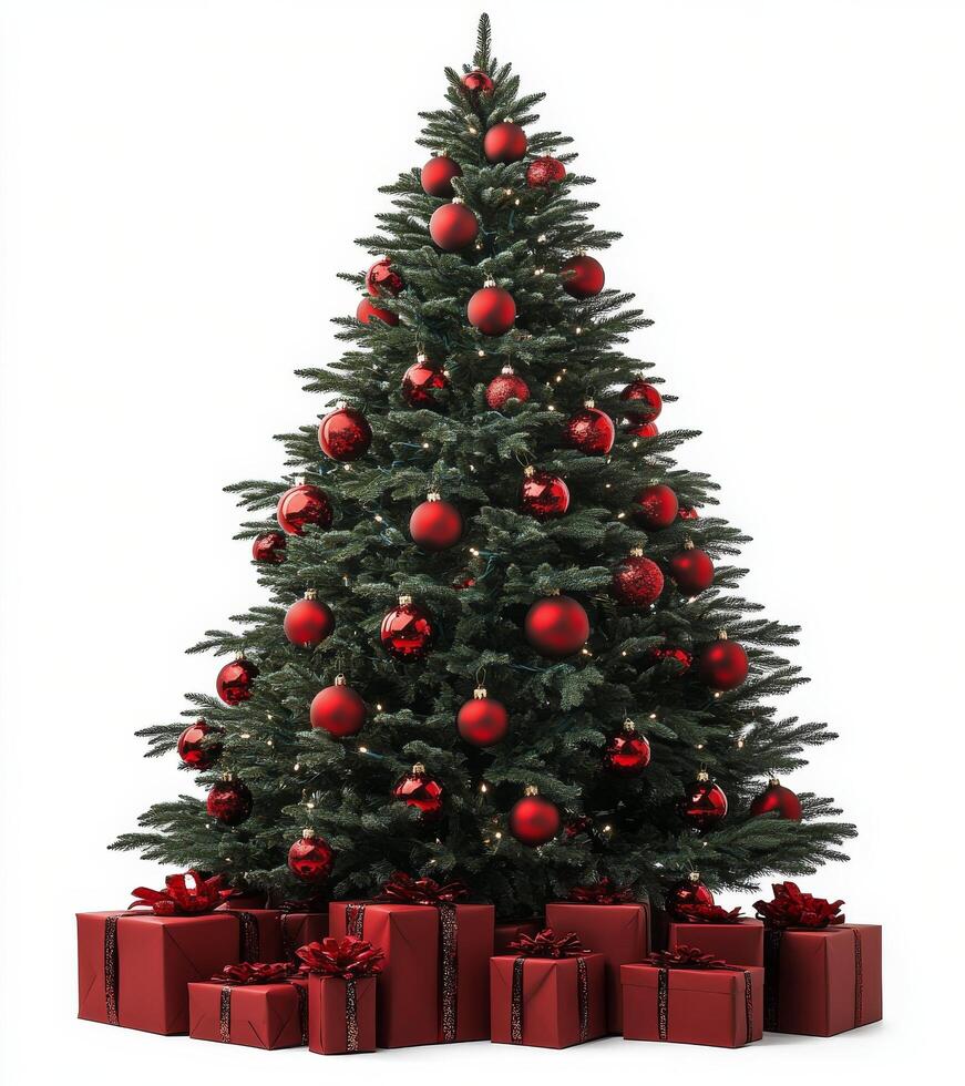 Festive Christmas tree decorated with red ornaments and surrounded by beautifully wrapped gifts photo