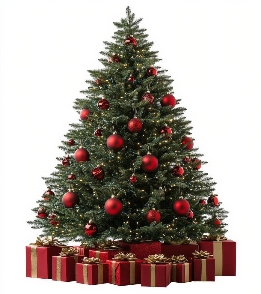 Festive Christmas tree decorated with red ornaments and surrounded by beautifully wrapped gifts photo