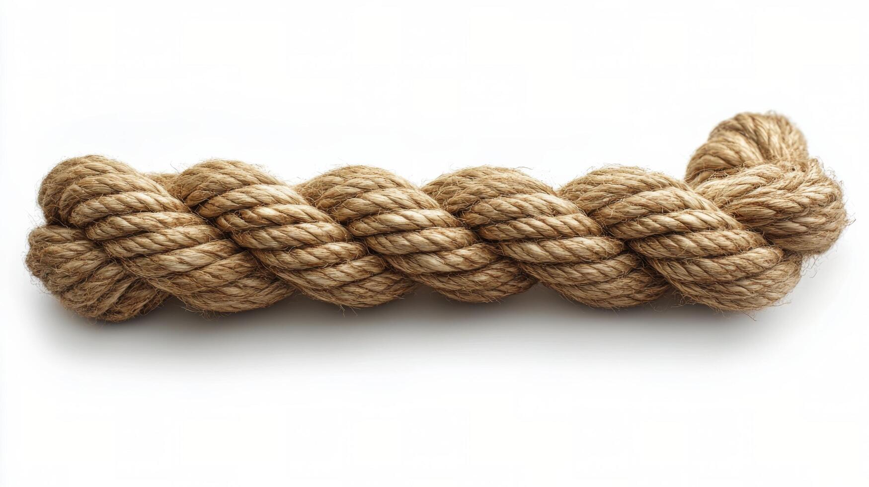 A close-up view of twisted natural fiber rope lying on a plain white background photo