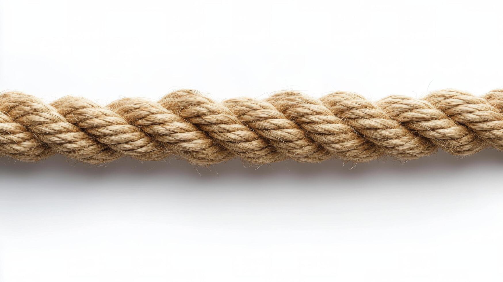 A close-up view of twisted natural fiber rope lying on a plain white background photo