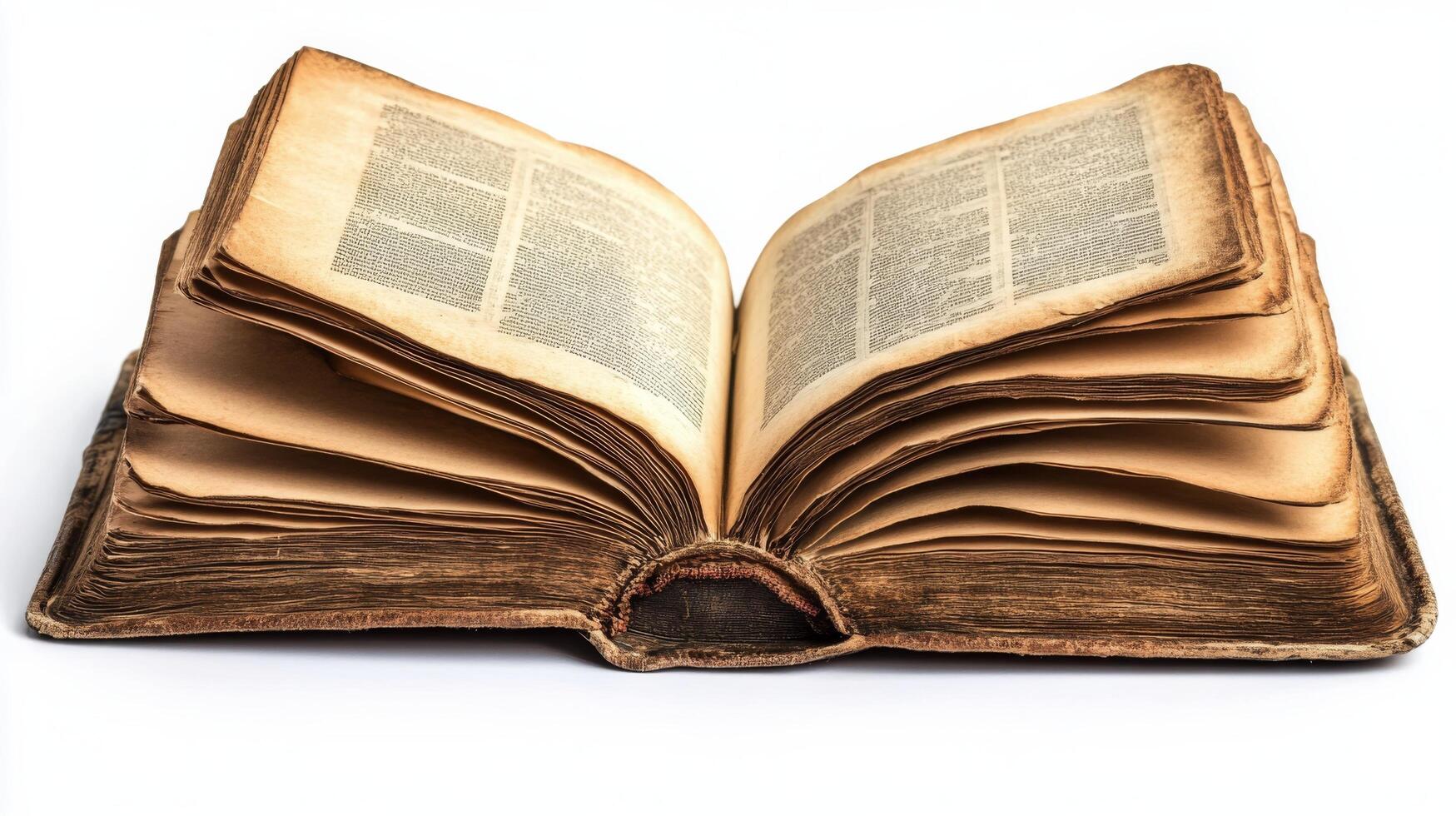 An old, opened book resting on a surface with visible aged pages and dark leather cover photo