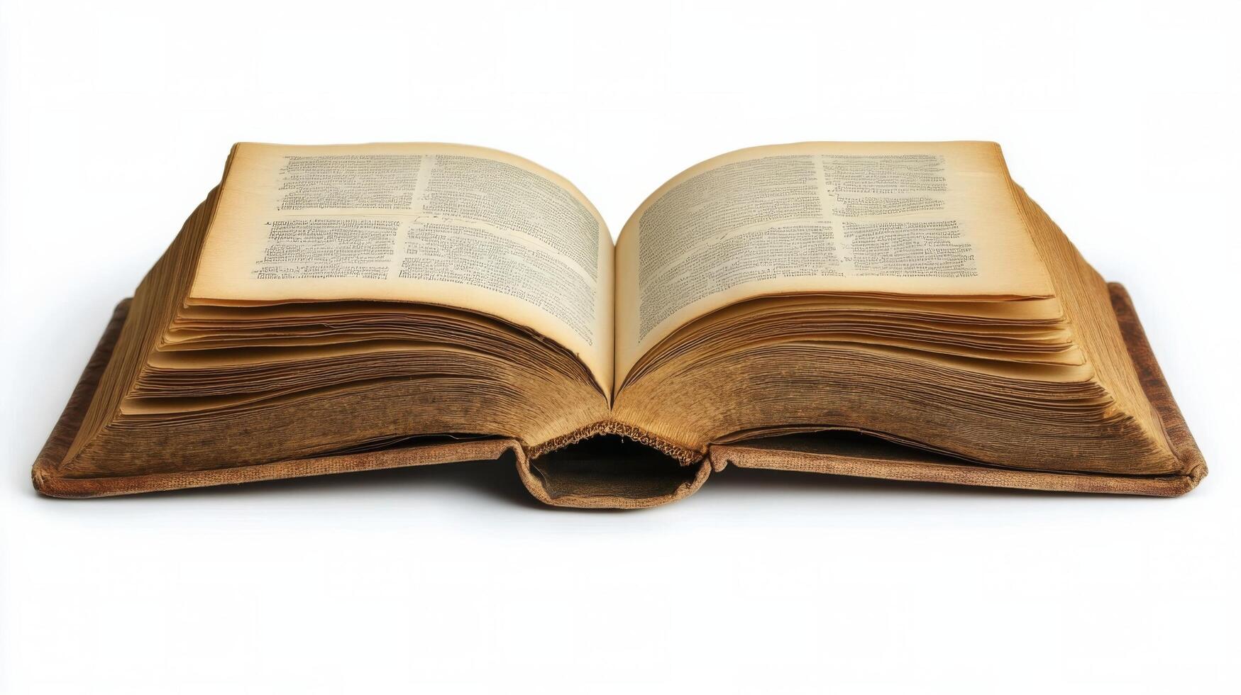 An old, opened book resting on a surface with visible aged pages and dark leather cover photo