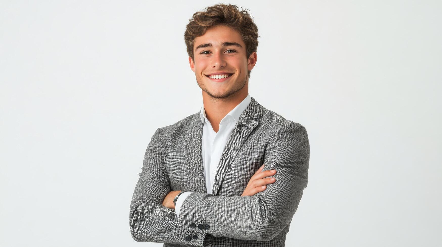 Young man in a smart suit smiles confidently with arms crossed against a plain background photo
