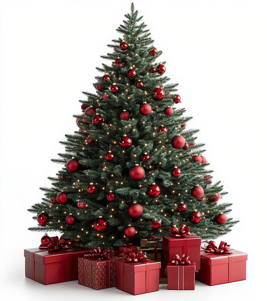 A beautifully decorated Christmas tree with red ornaments and wrapped gifts beneath it photo
