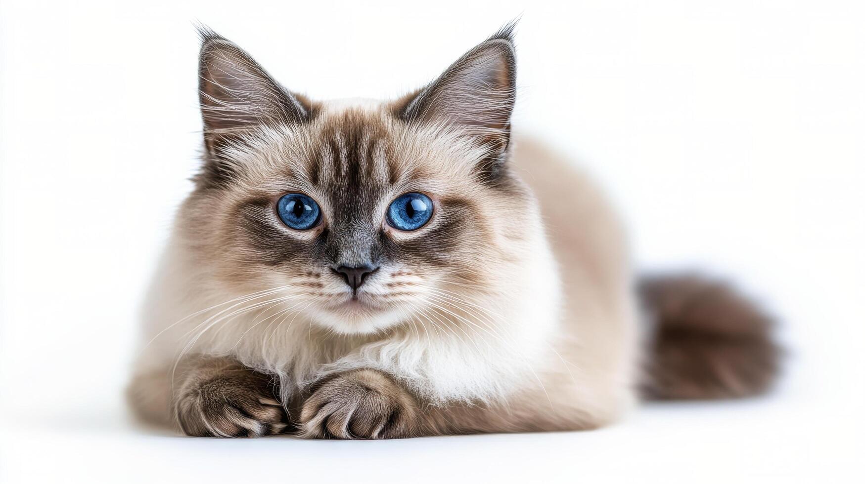 A playful cat with striking blue eyes relaxing on a white background indoors photo
