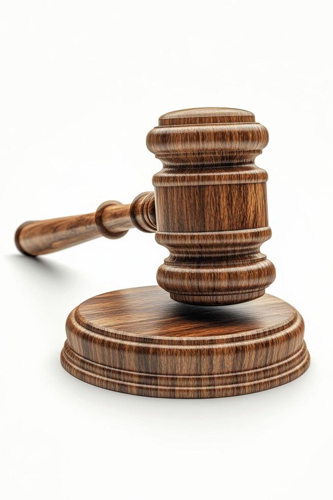 Elegant wooden gavel resting on a smooth white surface suitable for legal proceedings photo