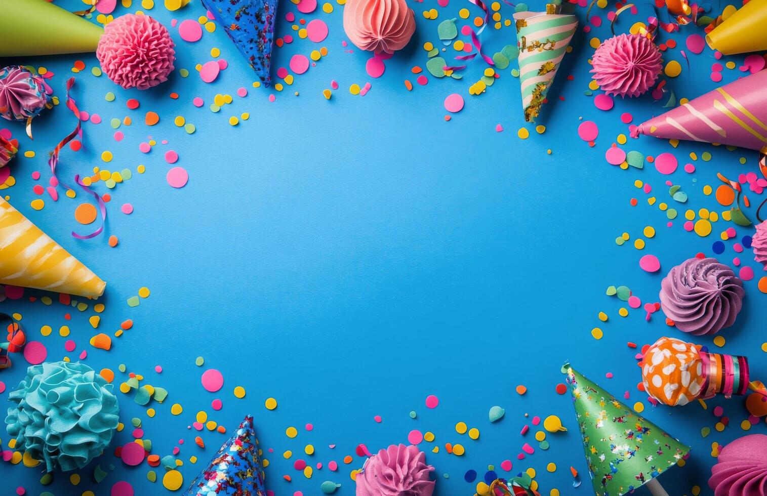 Festive celebration decorations spread across a vibrant blue background with confetti and party hats photo