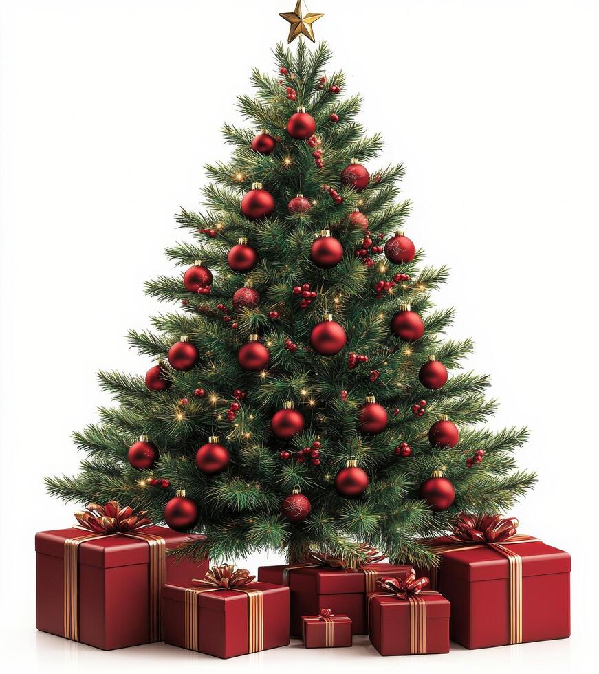 Festive Christmas tree decorated with red ornaments and surrounded by beautifully wrapped gifts photo