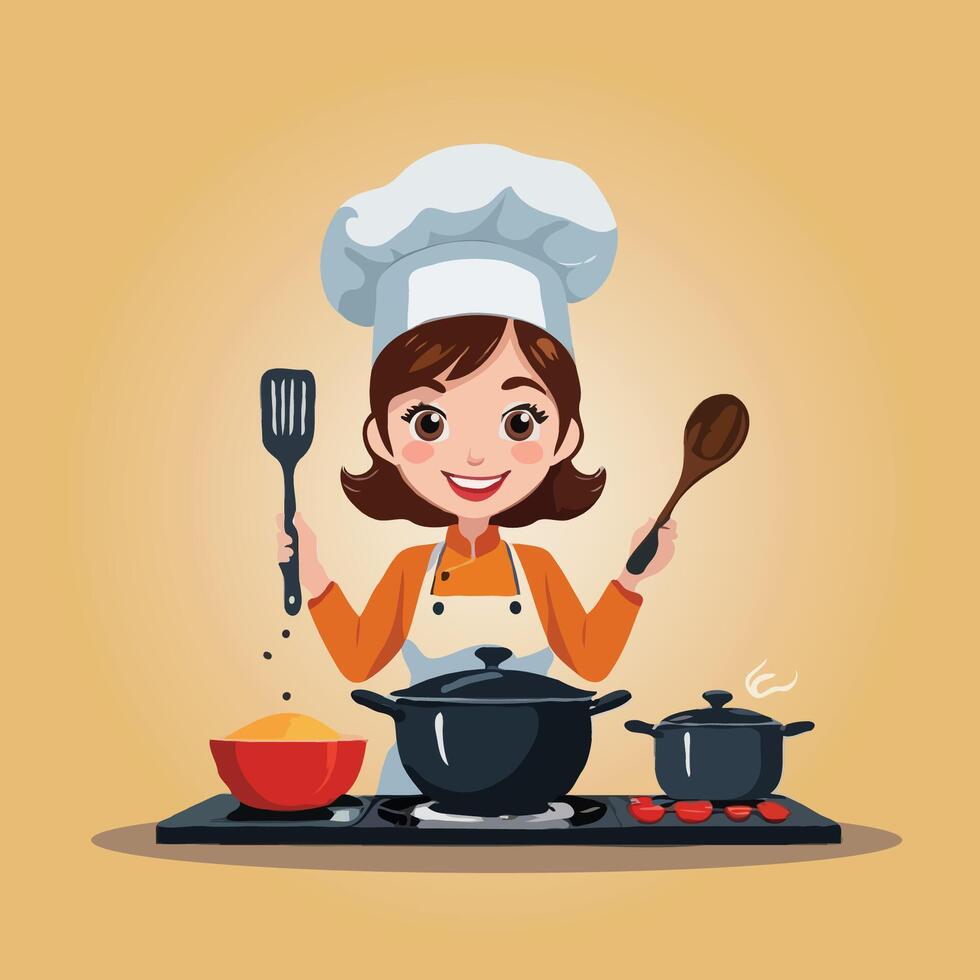 Woman in a chef hat is cooking food vector