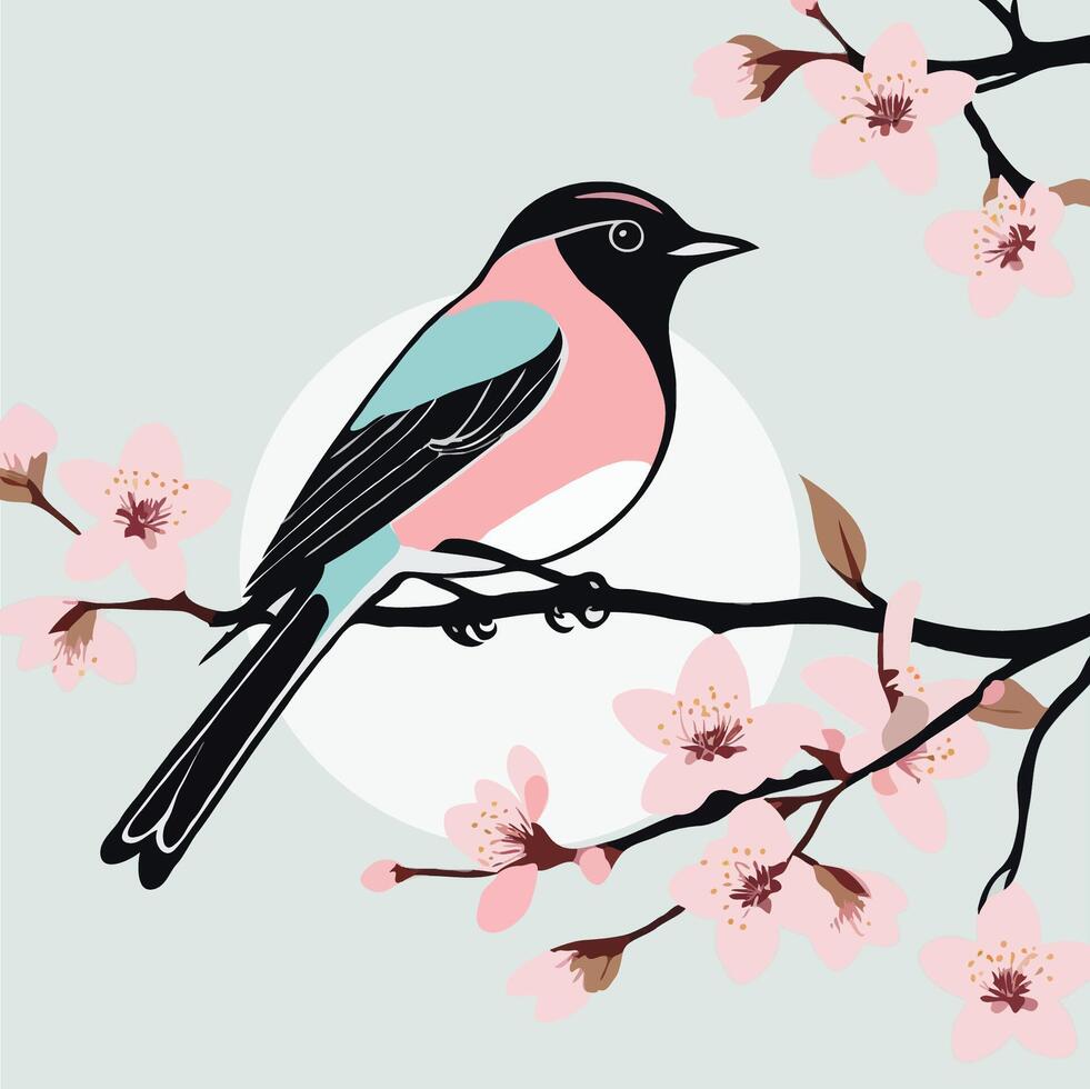bird on cherry blossom branch vector