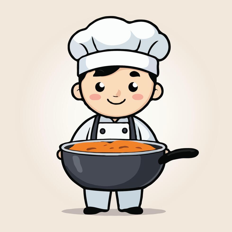 cartoon chef holding a pan with food in it vector