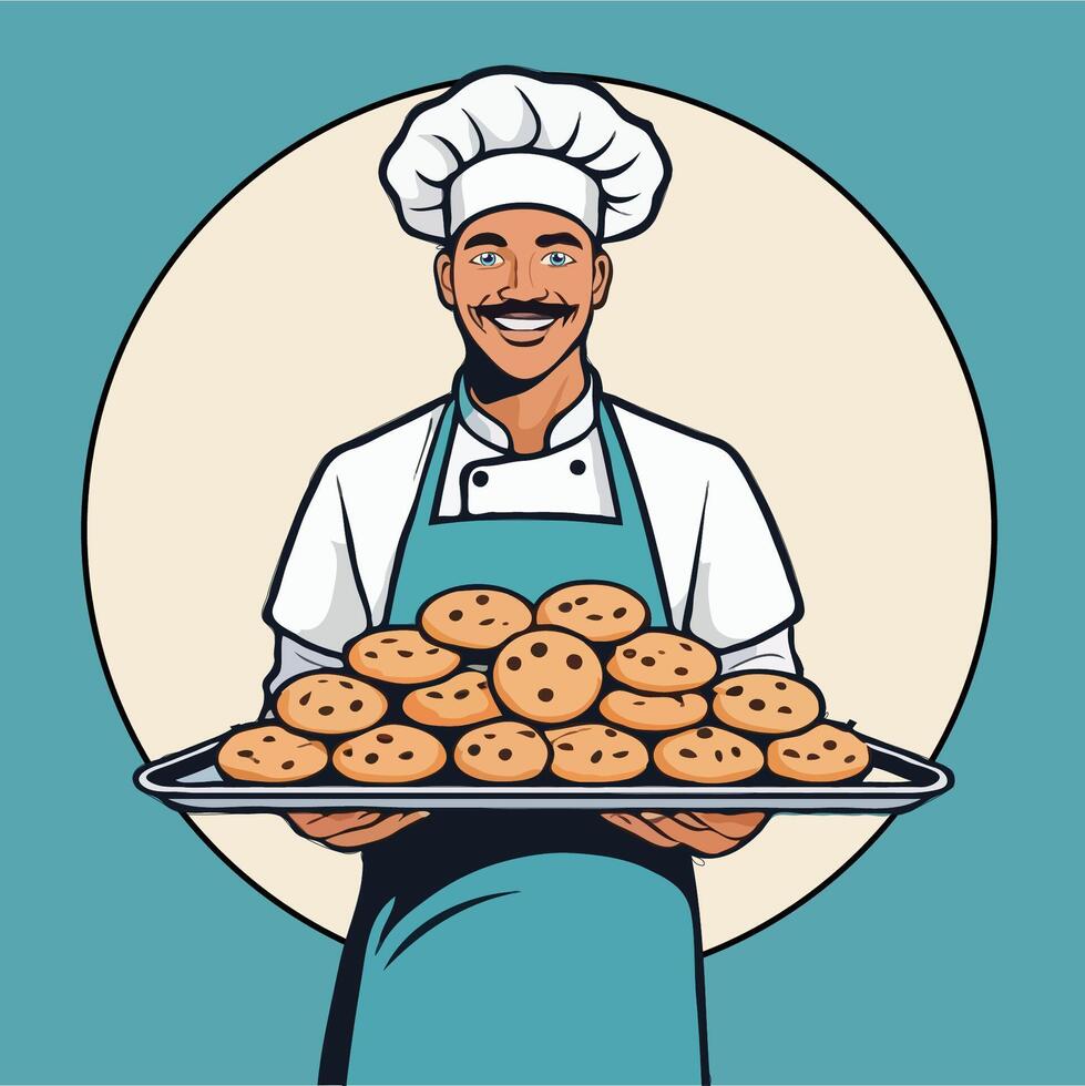 Chef holding a tray of cookies vector