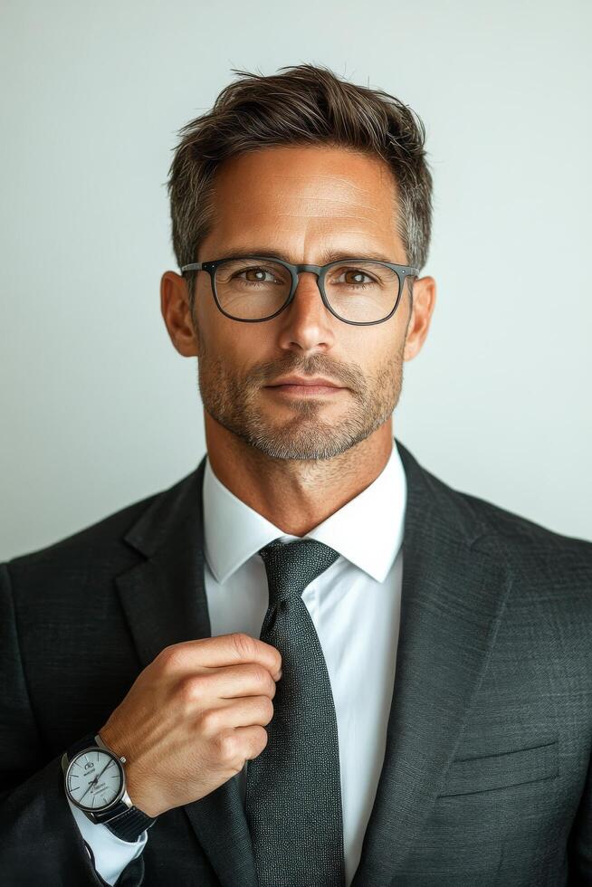 Professional man adjusting tie while wearing glasses in a formal setting photo