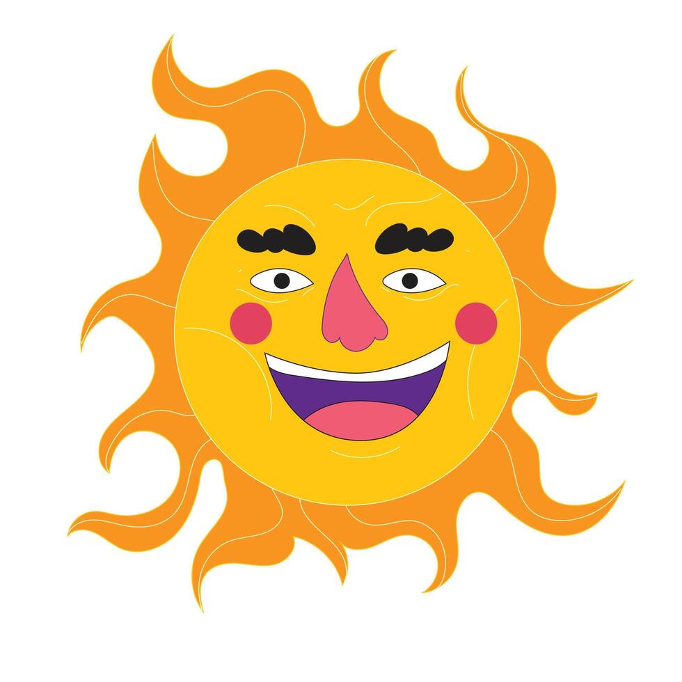 a drawing of a sun with a pink nose and a yellow smile. vector