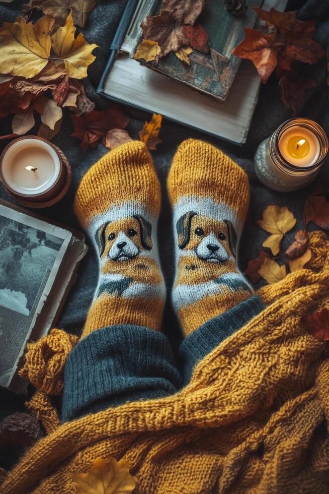 Cozy autumn vibes with playful dog-patterned socks on a blanket surrounded by leaves photo