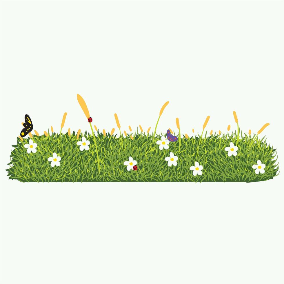 thick grass with flowers, butterflies and ladybugs. vector