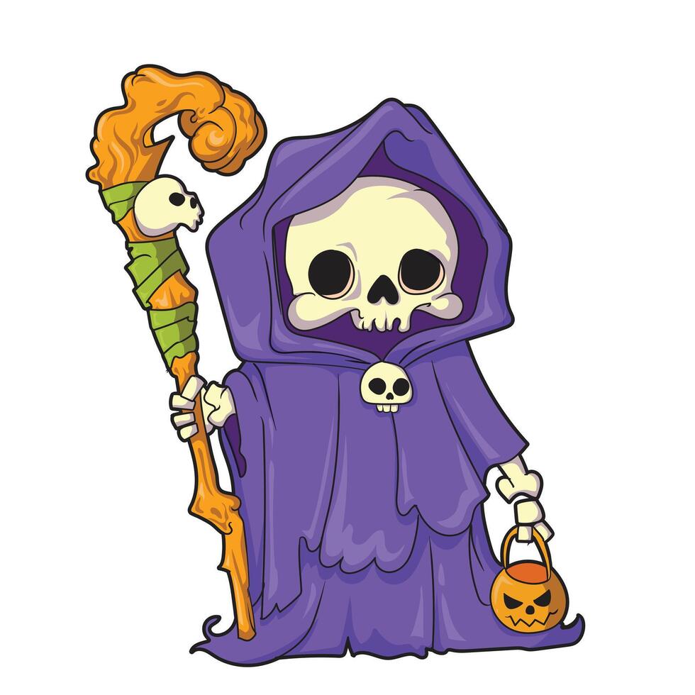 cartoon skull witch carrying magic wand and pumpkin celebrating halloween. vector