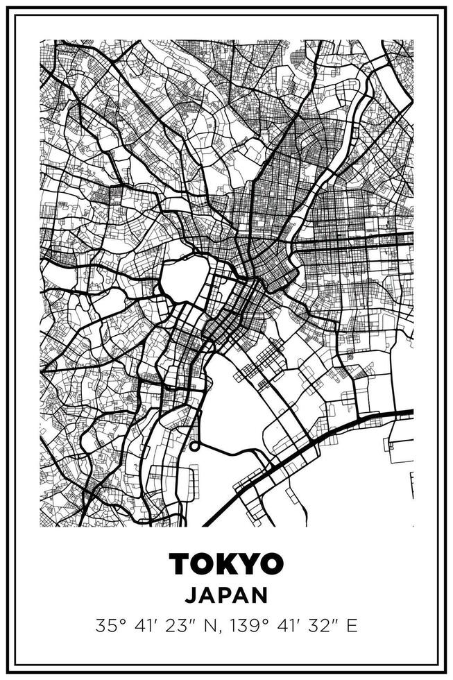 Black and white printable Street map art Tokyo city, japan. Travel poster with coordinates, poster design, Modern Poster Wall Art Home Decor Ready to Printable vector