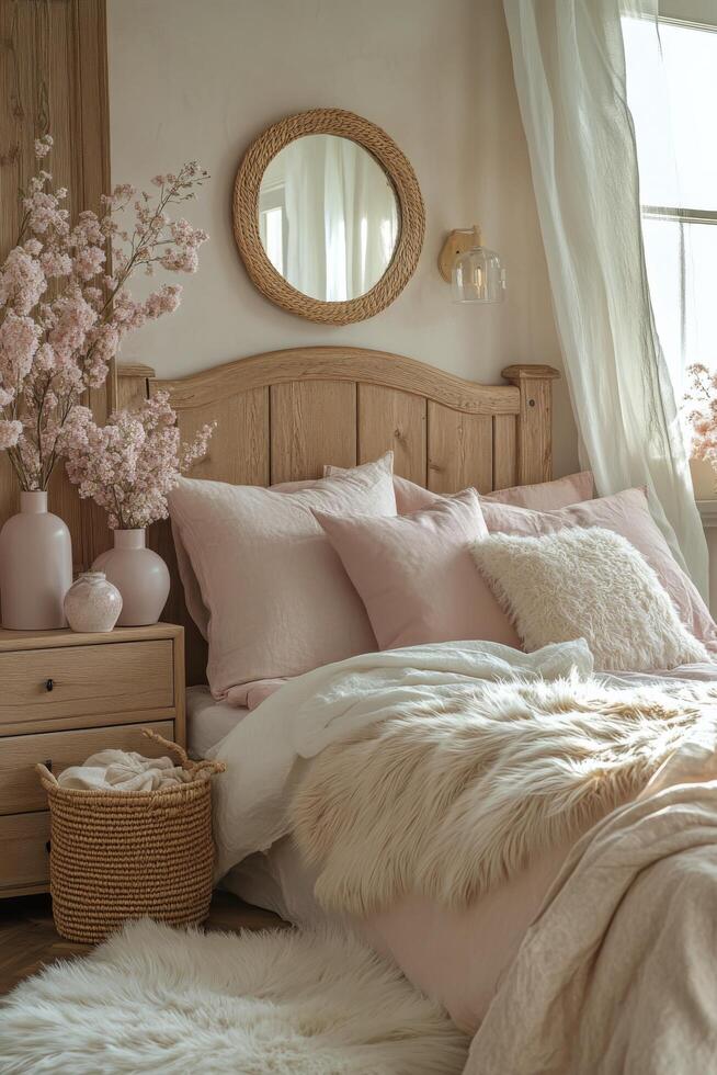 Cozy pastel bedroom with a serene vibe featuring floral decor and soft textiles photo