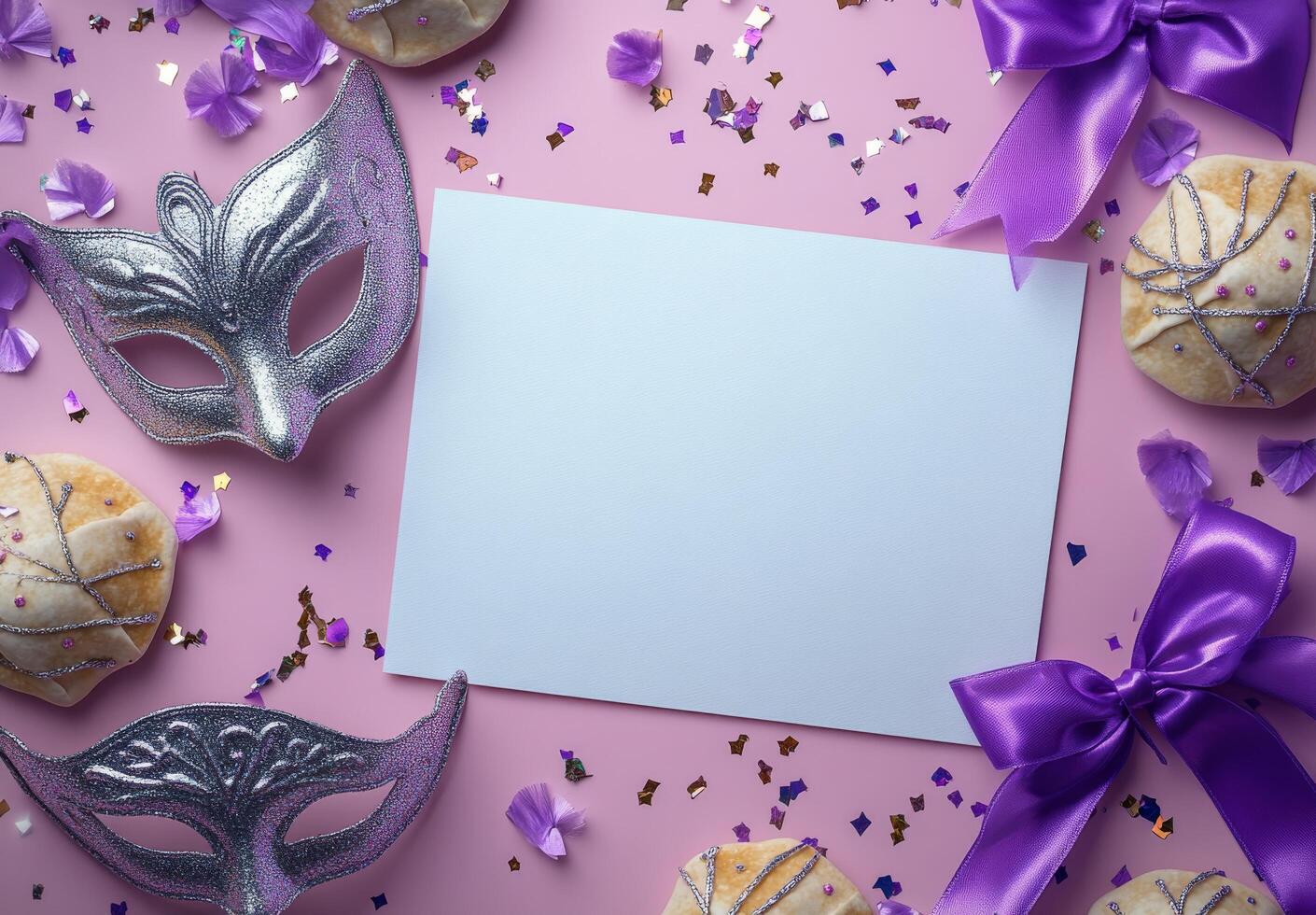 Festive table arrangement with masks, cookies, and sparkling confetti for a celebration party photo