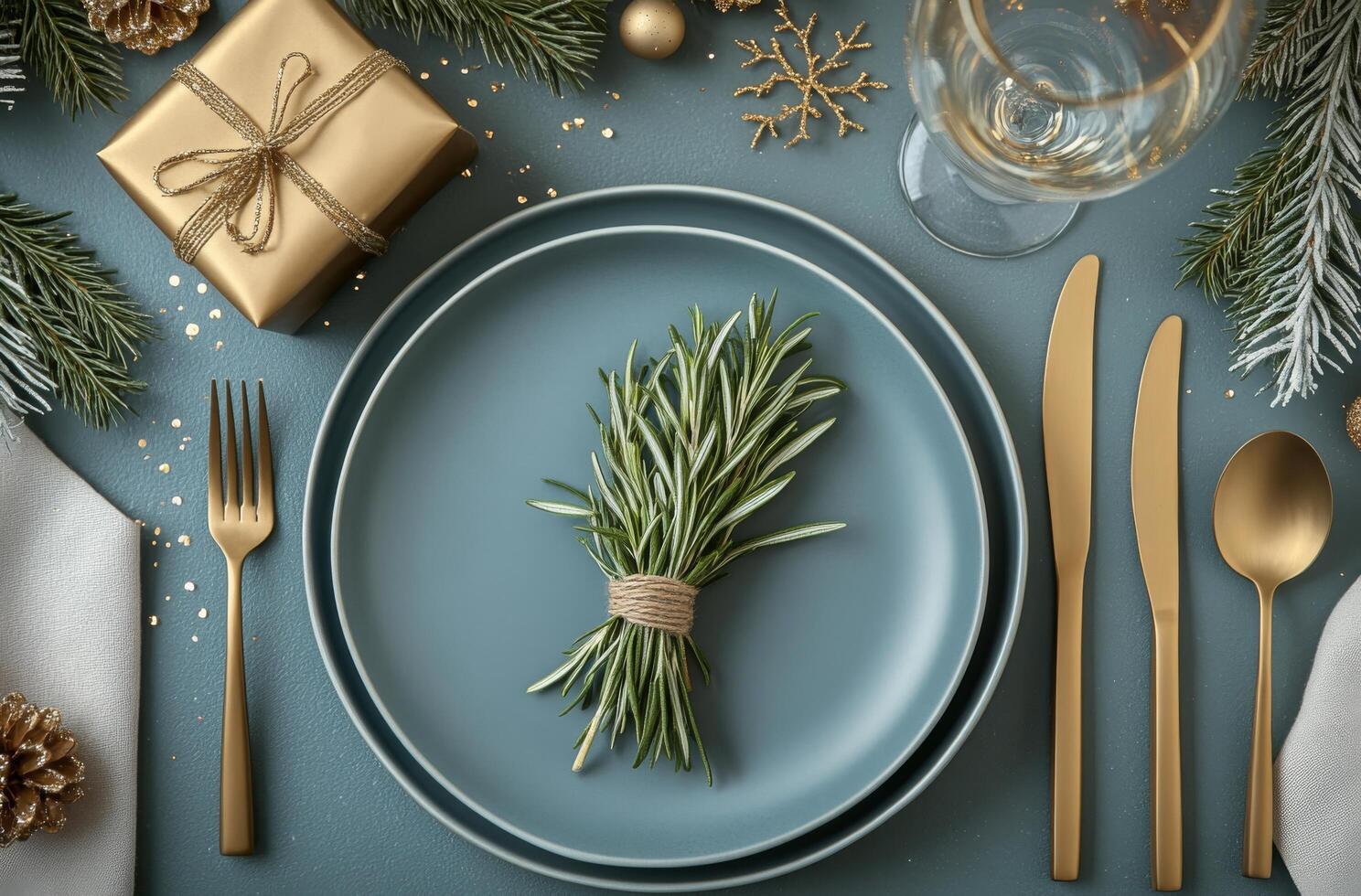 Elegant festive table setting with rosemary and sparkling decorations for holiday celebration photo