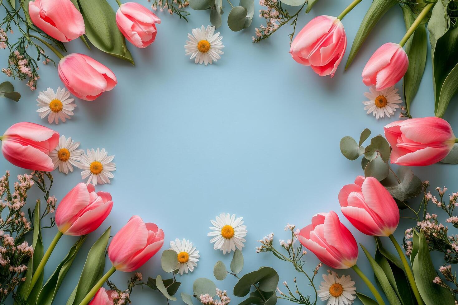 A vibrant arrangement of pink tulips and daisies creating a floral border on a light blue background photo