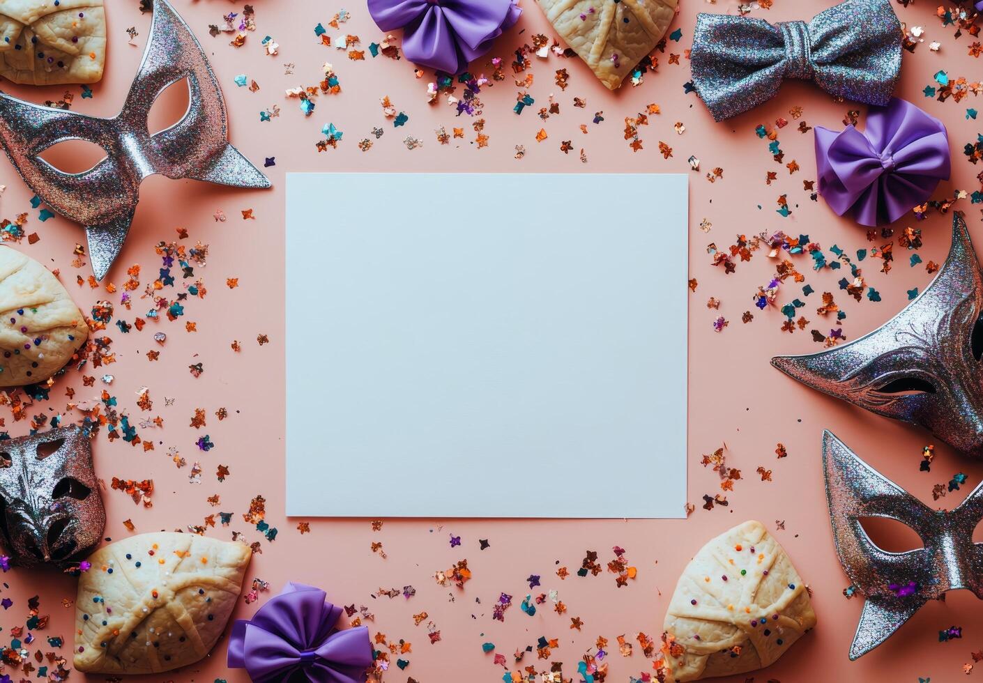 Festive table arrangement with masks, cookies, and sparkling confetti for a celebration party photo