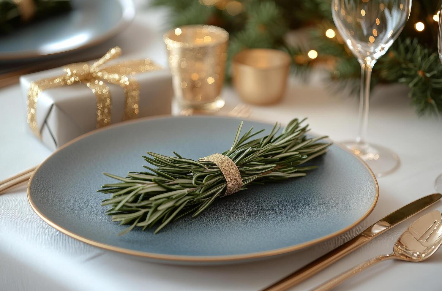 Elegant festive table setting with rosemary and sparkling decorations for holiday celebration photo