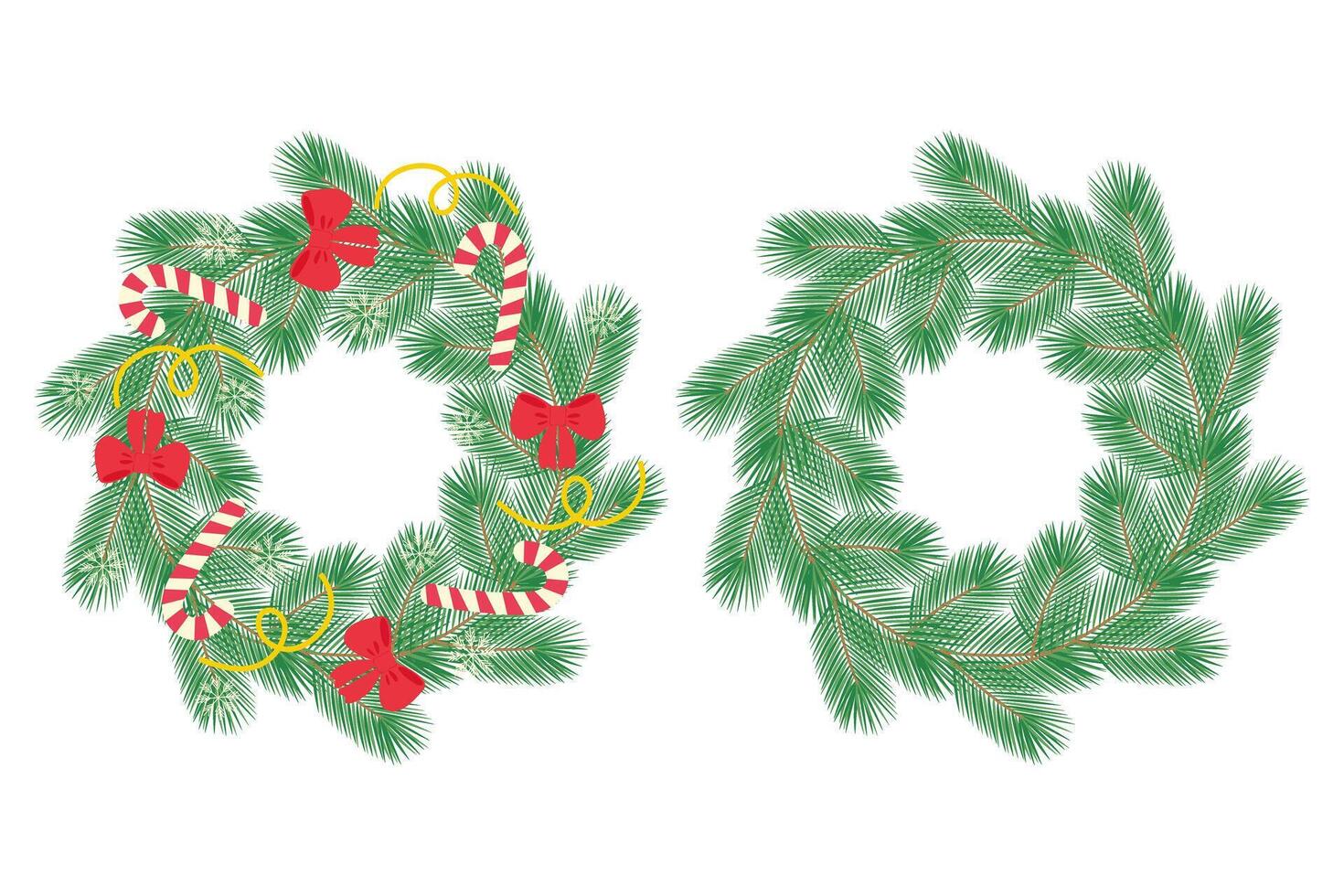 Christmas or New Year evergreen twig wreaths decorated and not. Round frame border Set of 2 Template. Isolated illustration Lettering, cards, poster, flyer, leaflet, banner, label or web, promo vector