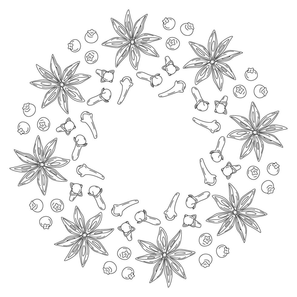Clove, Star Anise and wild berries Outline mulled wine spice set Circle frame border idea Copy space. Isolated illustration Cards, poster, leaflets, banner, brochures, greetings, label or web, vector